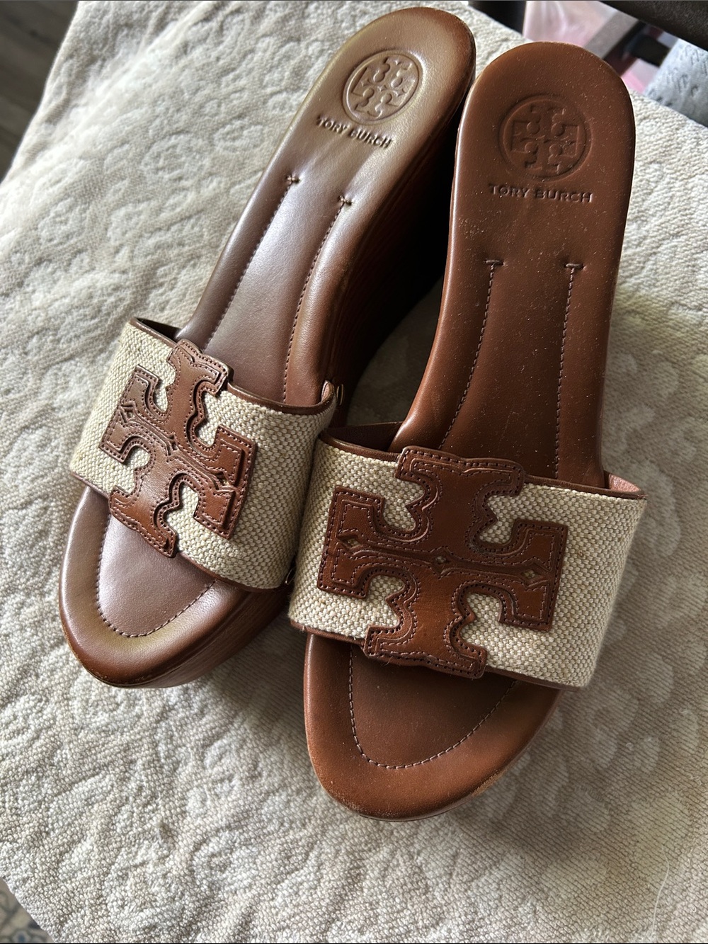 Tory Burch Brown Leather & Beige Canvas Logo Slide Sandals